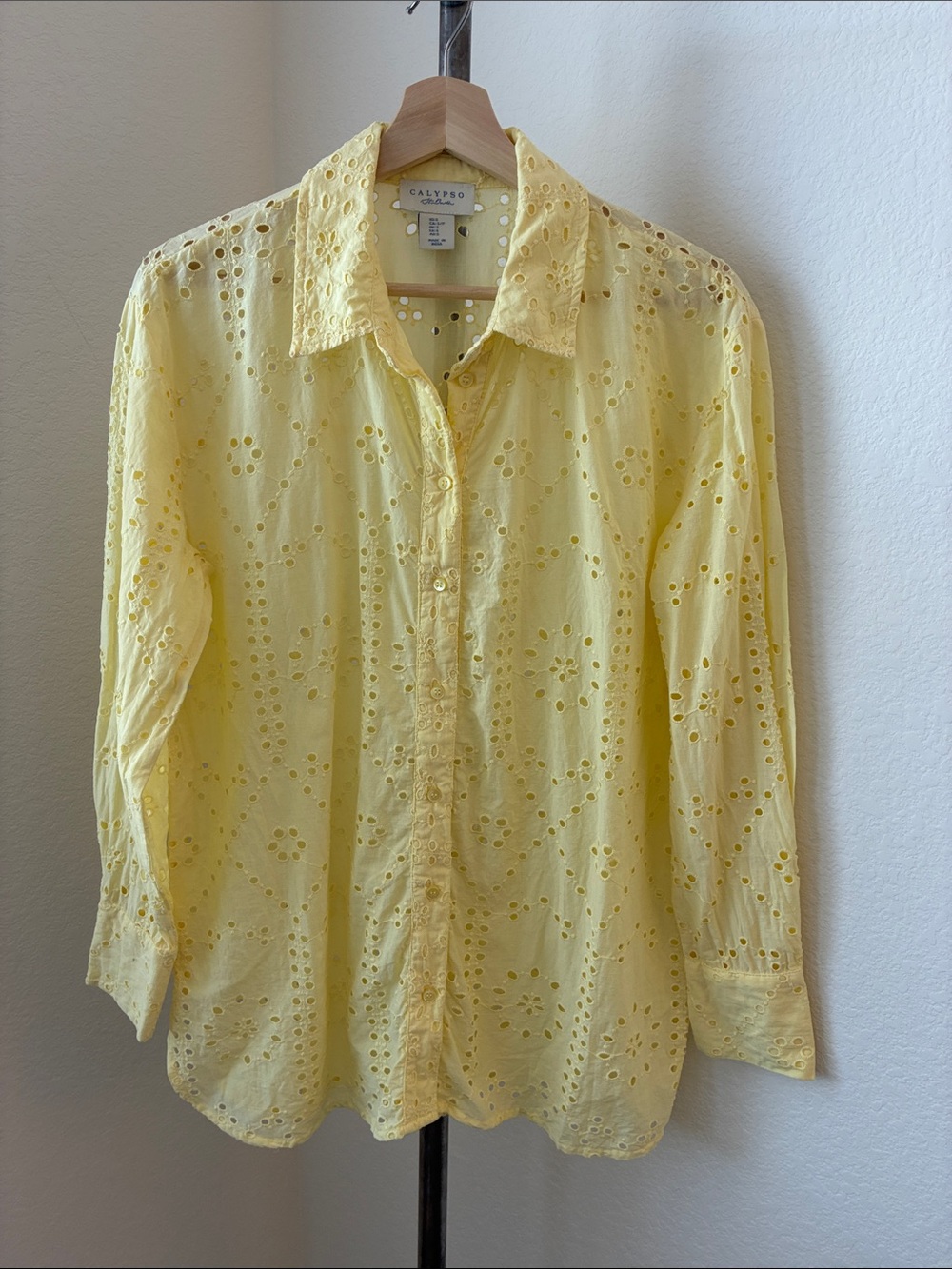 Calypso St. Barth Butter Yellow Eyelet Lace sz S Long Sleeve Blouse Cotton